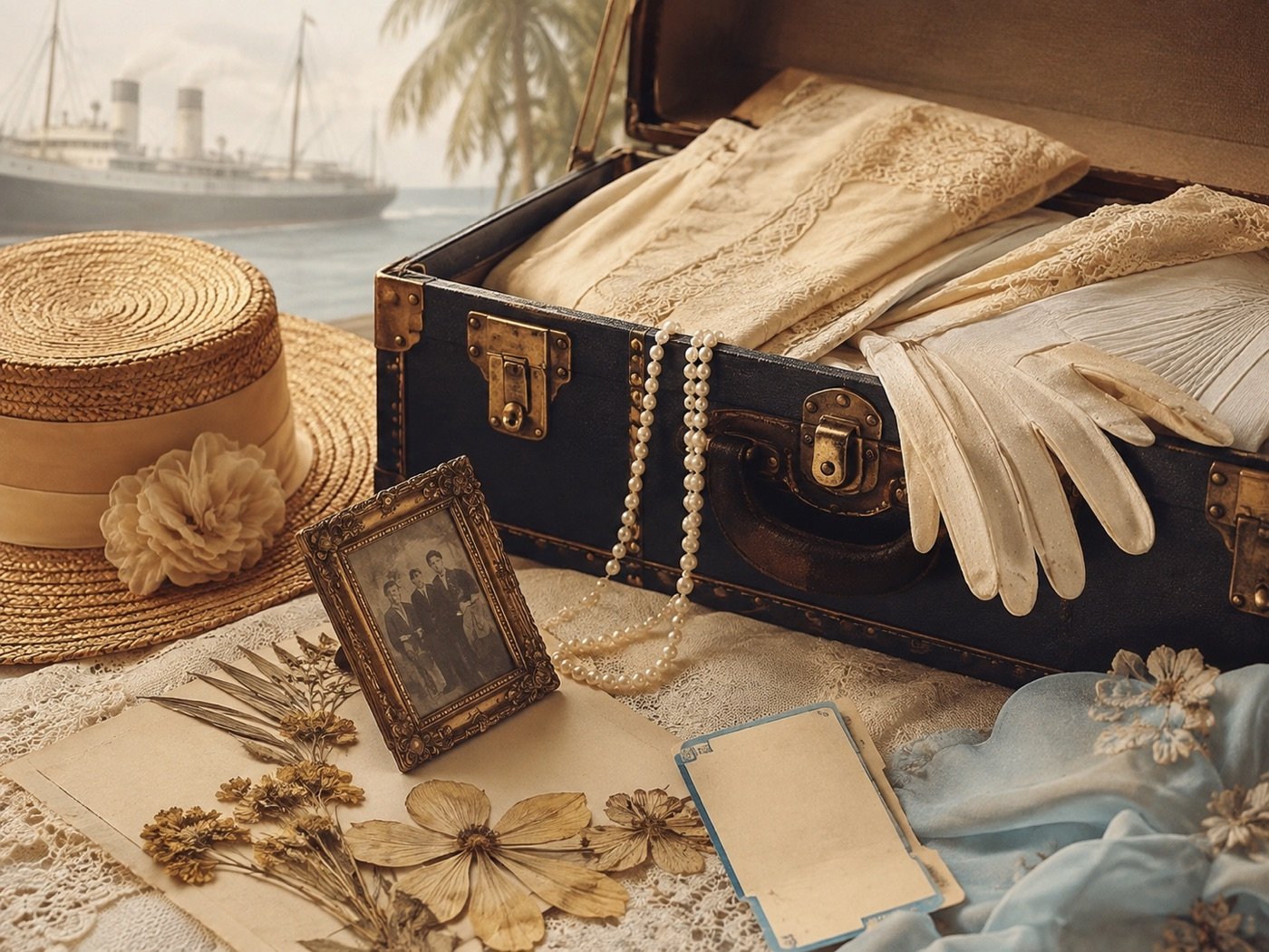 A styled flatlay of vintage keepsakes, pearls, gloves and a family photograph