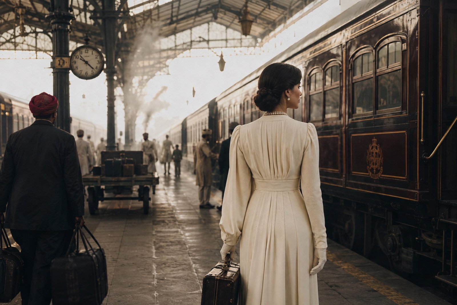 A woman with a suitcase at a railway station